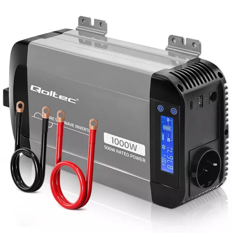 Przetwornica sinusoidalna Qoltec 12V na 230V 500W/1000W z LCD, USB, USB-C, kompatybilna z LiFePo4/GEL/AGM