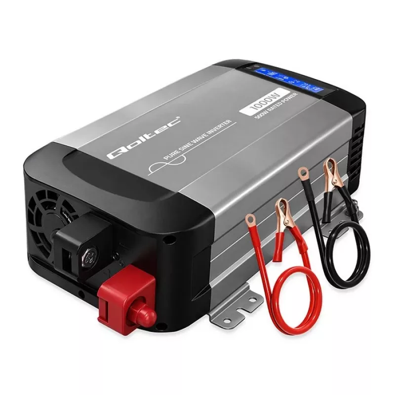 Przetwornica sinusoidalna Qoltec 12V na 230V 500W/1000W z LCD, USB, USB-C, kompatybilna z LiFePo4/GEL/AGM