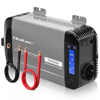 Przetwornica sinusoidalna Qoltec 12V na 230V 500W/1000W z LCD, USB, USB-C, kompatybilna z LiFePo4/GEL/AGM