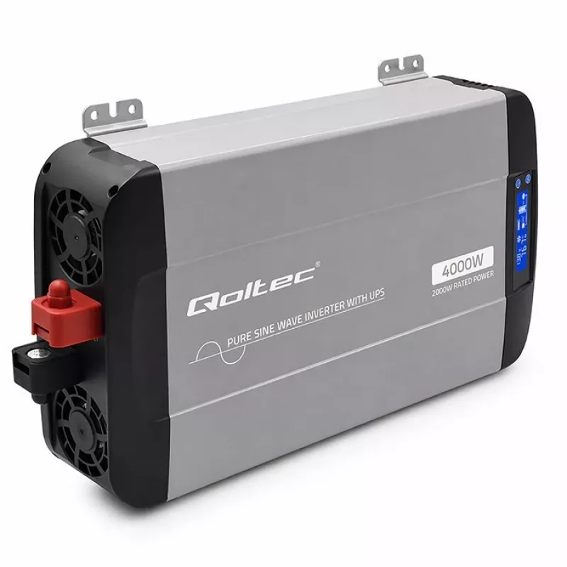 Qoltec Falownik sinusoidalny z UPS | 12V na 230V | 2000W ciągłej / 4000W szczytowej | LCD | USB-A | USB-C PD 18W | Kompatybilny z LiFePO4 GEL AGM