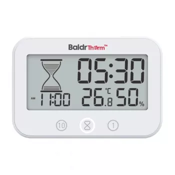 RAINPOINT BALDRTHERM B0549STH Łazienkowy minutnik z termometrem i higrometrem, IP24 odporny na zachlapanie, odliczanie/wsteczne, podświetlany LCD, przyssawka/stojak/mocowanie ścienne