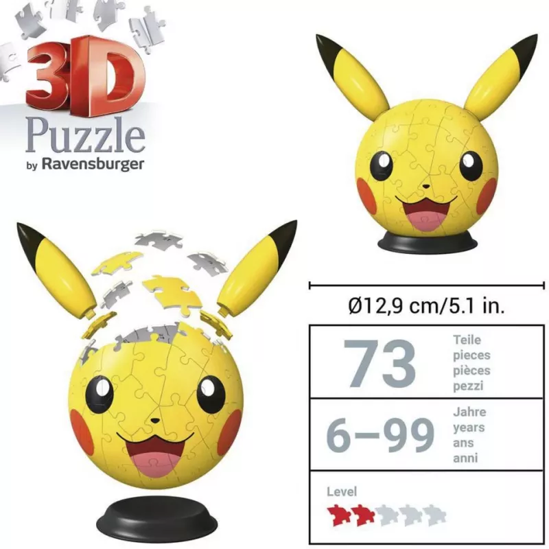 Ravensburger 3D Puzzleball Pokémon Pikachu z Uszami - 54 elementy