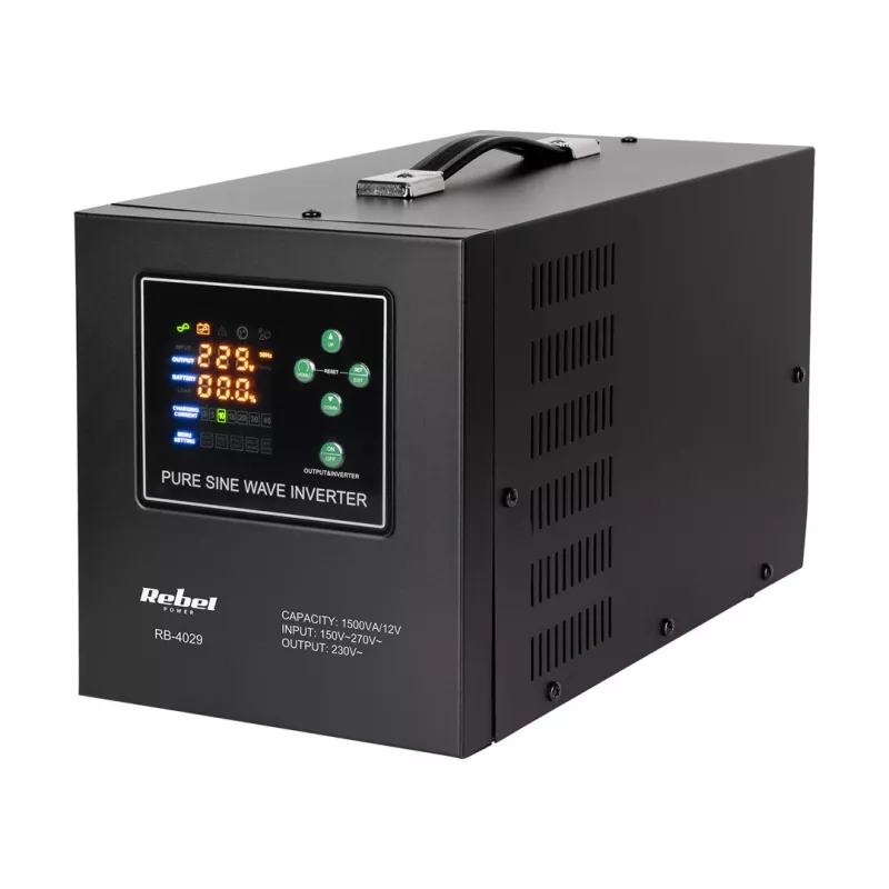 Rebel POWER-1500-LFP4 Zasilanie awaryjne – Falownik czystej fali sinusoidalnej z funkcją ładowania 12V, 230V, 1500VA/1050W