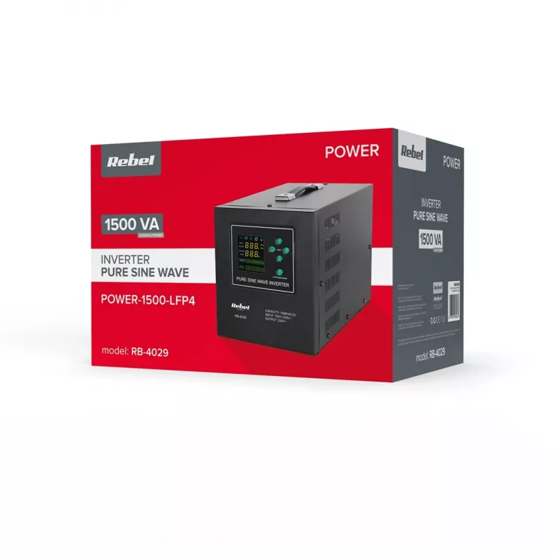 Rebel POWER-1500-LFP4 Zasilanie awaryjne – Falownik czystej fali sinusoidalnej z funkcją ładowania 12V, 230V, 1500VA/1050W