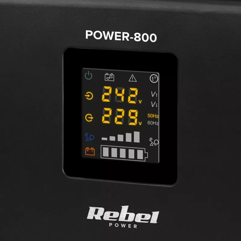 Rebel POWER-800 Zasilacz awaryjny do montażu na ścianie – inwerter czystej fali sinusoidalnej z funkcją ładowania 12V, 230V, 800VA/500W