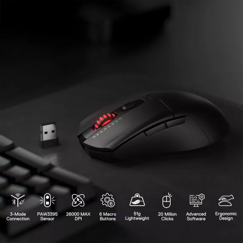 Redragon FYZU M995 PRO Bezprzewodowa Mysz Gamingowa - Czarny, 26K DPI Pixart 3395, Tri-Mode, 9 Przycisków, RGB, Bateria 70h