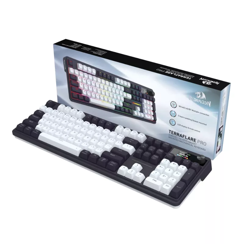 Redragon K762WB-RGB-PRO LCD Pełnowymiarowa klawiatura mechaniczna Gasket - Czarny