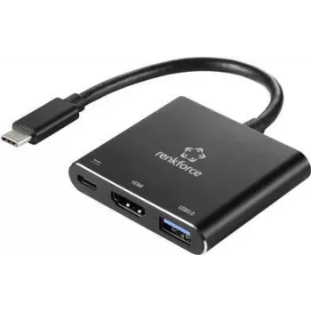 Renkforce RF-5133676 Adapter wieloportowy USB-C na HDMI z Power Delivery i USB-A, 4K, 20 cm, czarny
