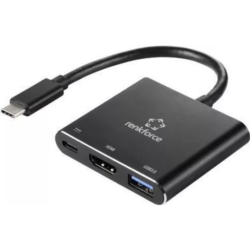 Renkforce RF-5133676 Adapter wieloportowy USB-C na HDMI z Power Delivery i USB-A, 4K, 20 cm, czarny