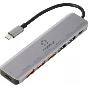 Renkforce RF-7465828 Hub USB-C 6-w-1, 3x USB-A 3.0, dane USB-C, 4K HDMI, 100W PD, szary