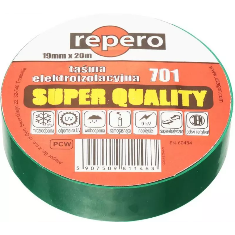REPERO 701 Zielona taśma izolacyjna PVC 19 mm x 20 m
