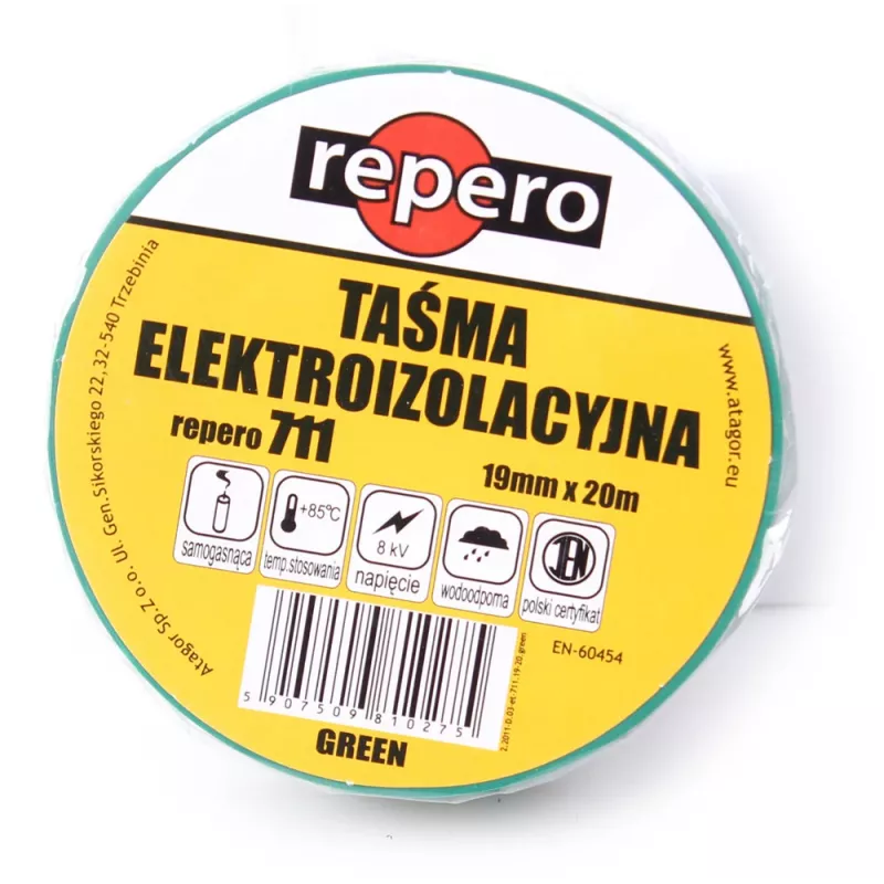 REPERO TTE711E4-0019-20 PVC Taśma izolacyjna elektryczna, zielona, 19 mm x 20 m, 600V, niepalna
