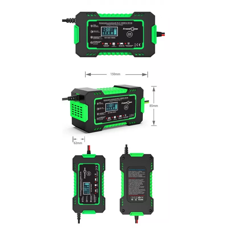 RJ TIANYE FreedConn RJ-C 120501A 12V 6A inteligentna automatyczna ładowarka do akumulatorów kwasowo-ołowiowych AGM GEL EFB z wyświetlaczem LCD