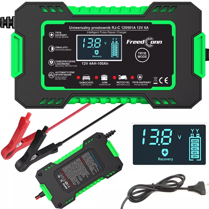 RJ TIANYE FreedConn RJ-C 120501A 12V 6A inteligentna automatyczna ładowarka do akumulatorów kwasowo-ołowiowych AGM GEL EFB z wyświetlaczem LCD