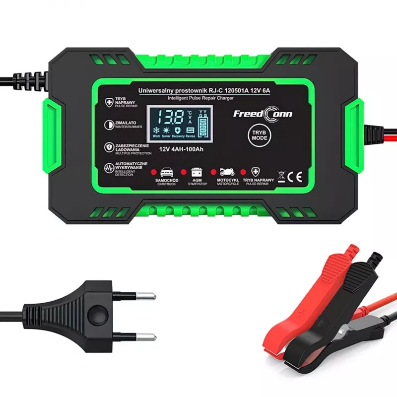 RJ TIANYE FreedConn RJ-C 120501A 12V 6A inteligentna automatyczna ładowarka do akumulatorów kwasowo-ołowiowych AGM GEL EFB z wyświetlaczem LCD