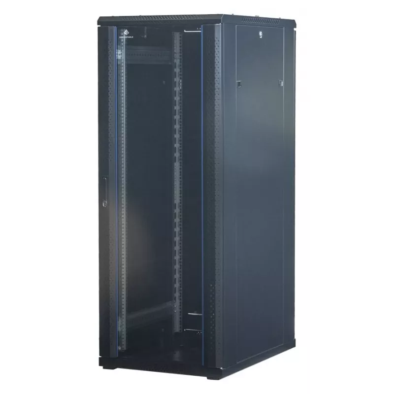 Rockstable 32U 19-calowa szafa serwerowa z drzwiami szklanymi - wolnostojąca rama - 32U - 800 kg - zamykany zamek - szyny montażowe - regulowane nóżki (RS19-6832)