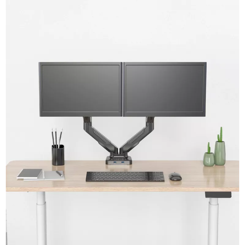 Rockstable RS-MM007 Zaawansowany podwójny uchwyt do monitorów - Zacisk / Przepust - 13 kg - 15-27 cali - 100x100 mm - Czarny