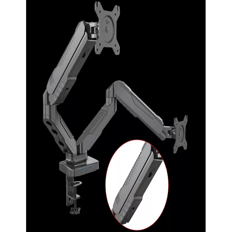 Rockstable RS-MM007 Zaawansowany podwójny uchwyt do monitorów - Zacisk / Przepust - 13 kg - 15-27 cali - 100x100 mm - Czarny