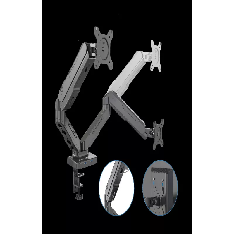 Rockstable RS-MM007 Zaawansowany podwójny uchwyt do monitorów - Zacisk / Przepust - 13 kg - 15-27 cali - 100x100 mm - Czarny
