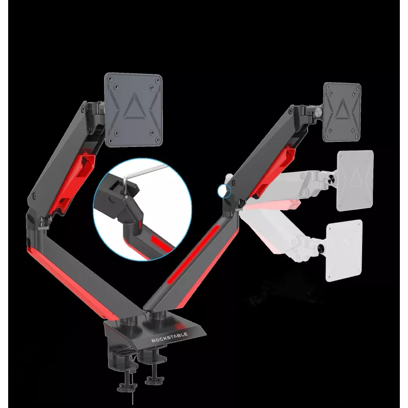 Rockstable RS-MM009 Uchwyt do monitorów gamingowych na 2 monitory - zacisk / śruba - 16 kg - 15 inch - 32 inch - 100 x 100 mm - czarny - czerwony