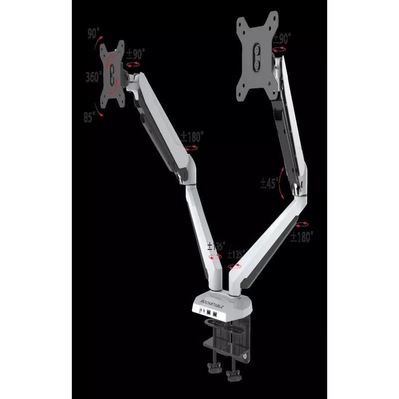 ROCKSTABLE RS-MM011W Professionalny Podwójny Uchwyt do Monitorów - Zacisk / Przepust - 16 kg - 38,1 cm (15 inch) - 81,3 cm (32 inch) - 100 x 100 mm - Biały