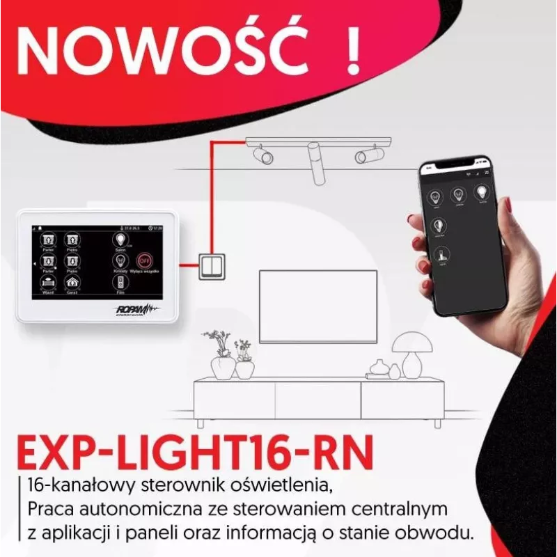 Ropam Lighting Controller EXP-LIGHT16-RN – 16-kanałowy moduł rozszerzeń przekaźnikowych dla magistrali RopamNet