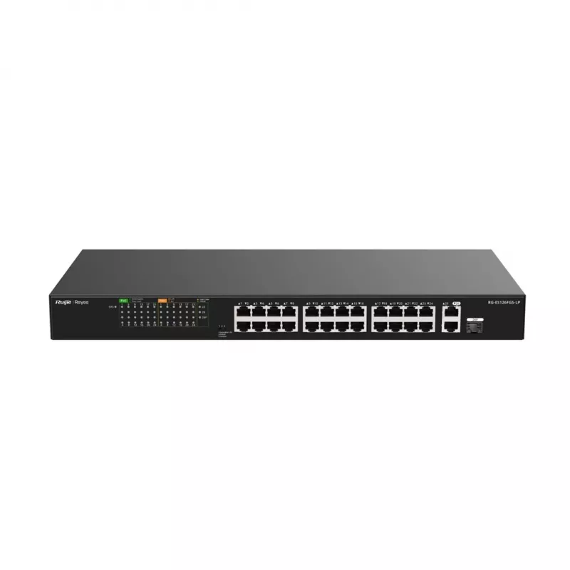 Ruijie RG-ES126FGS-LP 24-Port Fast Ethernet PoE+ Switch z 2 Gigabit SFP Uplinks, 370W PoE Budget, Rackmount