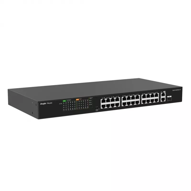 Ruijie RG-ES126FGS-LP 24-Port Fast Ethernet PoE+ Switch z 2 Gigabit SFP Uplinks, 370W PoE Budget, Rackmount