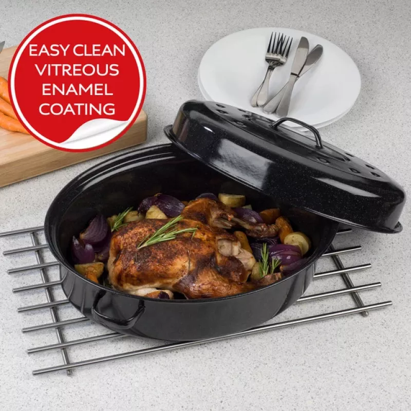 Russell Hobbs BW072151 Blacha do pieczenia z emalii witryfikowanej 38cm z samonawilżającą pokrywką, czarno-kremowa