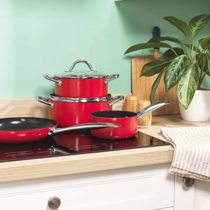 Russell Hobbs RH03821 Riviera 4-częściowy zestaw patelni, czerwony