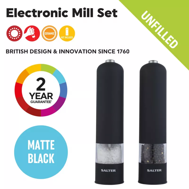 Salter 7524 BKXRUP3 Soft-Touch Electric Mill Set, Matte Black