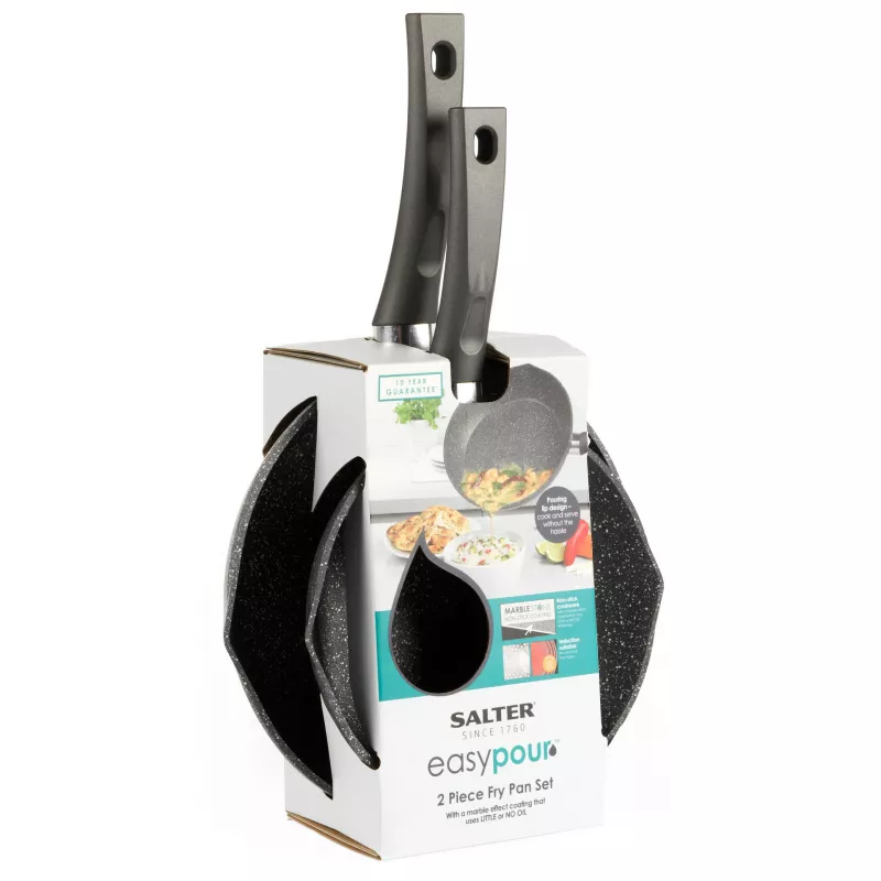 Zestaw patelni Salter BW09071AR Easy Pour 2 sztuki - 20 cm i 24 cm, kute aluminium, powłoka nieprzywierająca bez PFOA, kompatybilny z indukcją, czarno-szary