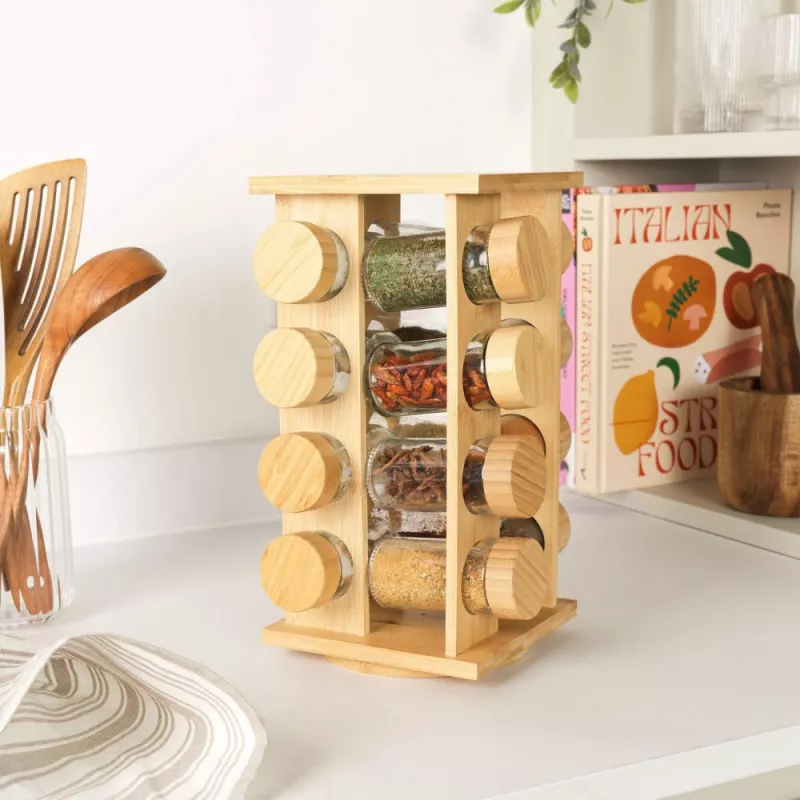 Salter BW127771 Bamboo Rotating Spice Rack z 16 szklanymi słoikami