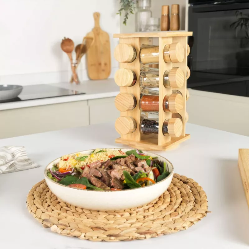 Salter BW127771 Bamboo Rotating Spice Rack z 16 szklanymi słoikami