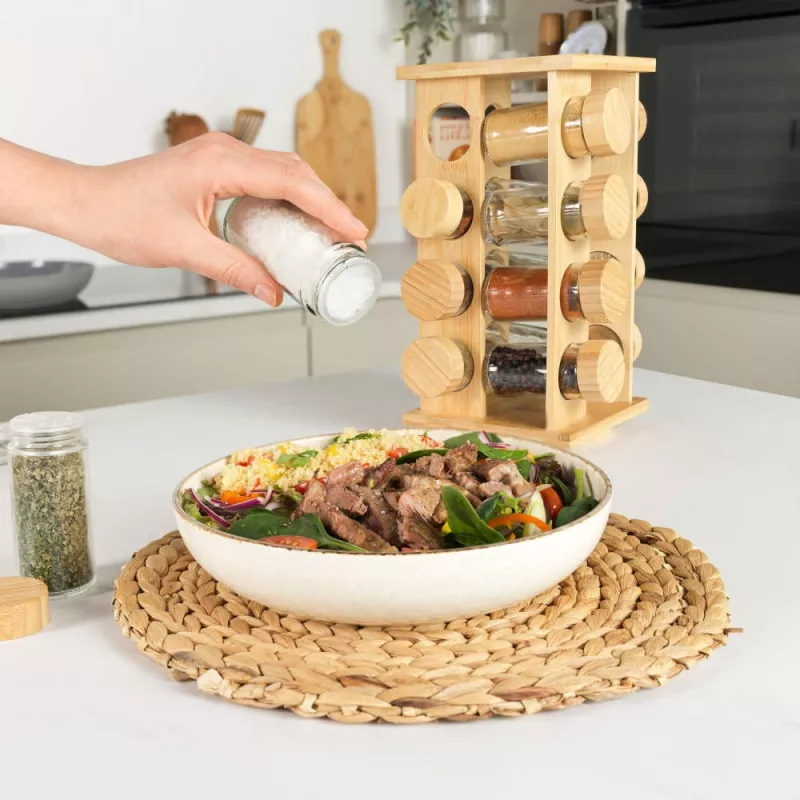 Salter BW127771 Bamboo Rotating Spice Rack z 16 szklanymi słoikami