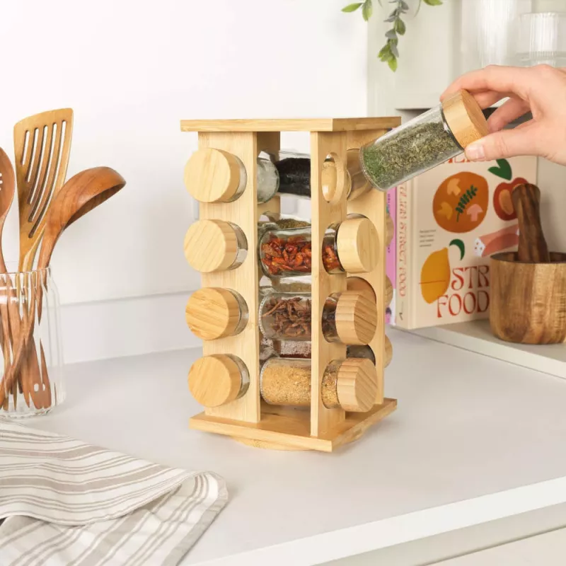 Salter BW127771 Bamboo Rotating Spice Rack z 16 szklanymi słoikami