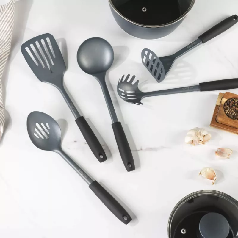 Salter BW13601DU Excellence 5-częściowy zestaw przyborów kuchennych z obrotowym stojakiem, czarno-srebrny