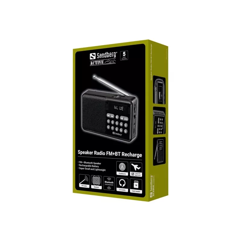 SANDBERG Speaker Radio FM+BT Recharge Przenośny głośnik Bluetooth z radiem FM, AUX, USB, MicroSD, 6W, czarny