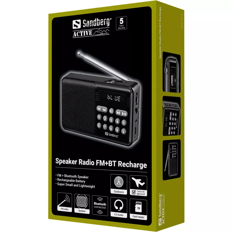 SANDBERG Speaker Radio FM+BT Recharge Przenośny głośnik Bluetooth z radiem FM, AUX, USB, MicroSD, 6W, czarny