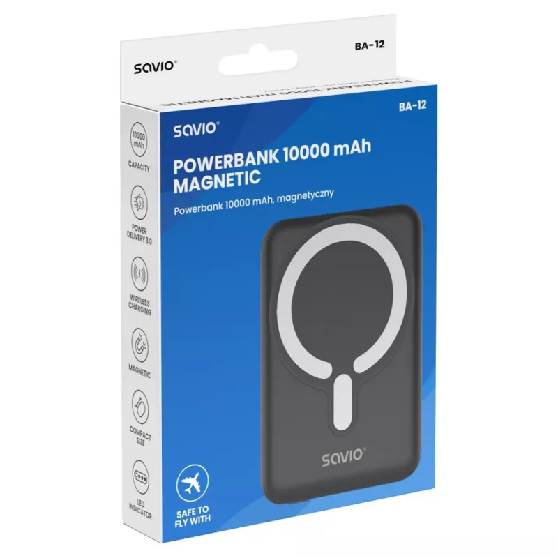 Savio BA-12 Magnetyczny bezprzewodowy power bank 10000 mAh czarny