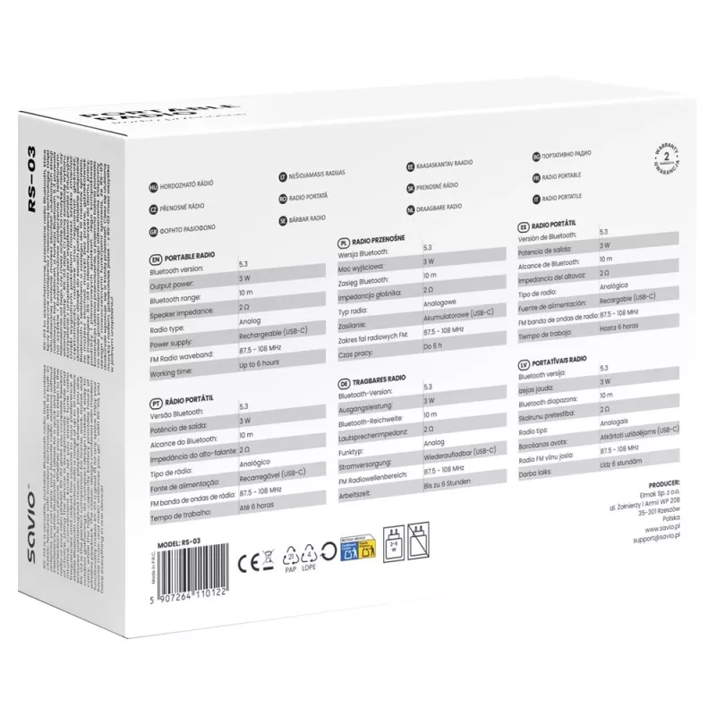 SAVIO RS-03 Przenośne radio FM/AM z odtwarzaniem MP3 USB/SD, różowe
