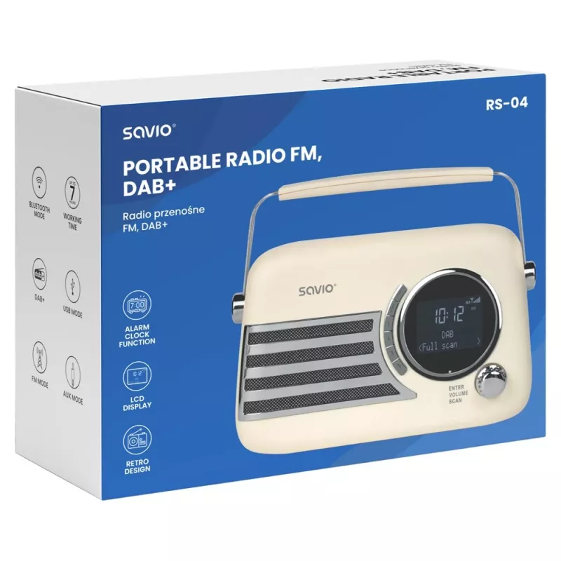 SAVIO RS-04 Przenośne radio DAB+ FM z akumulatorem, wyświetlaczem LCD, podwójnym budzikiem, czarne
