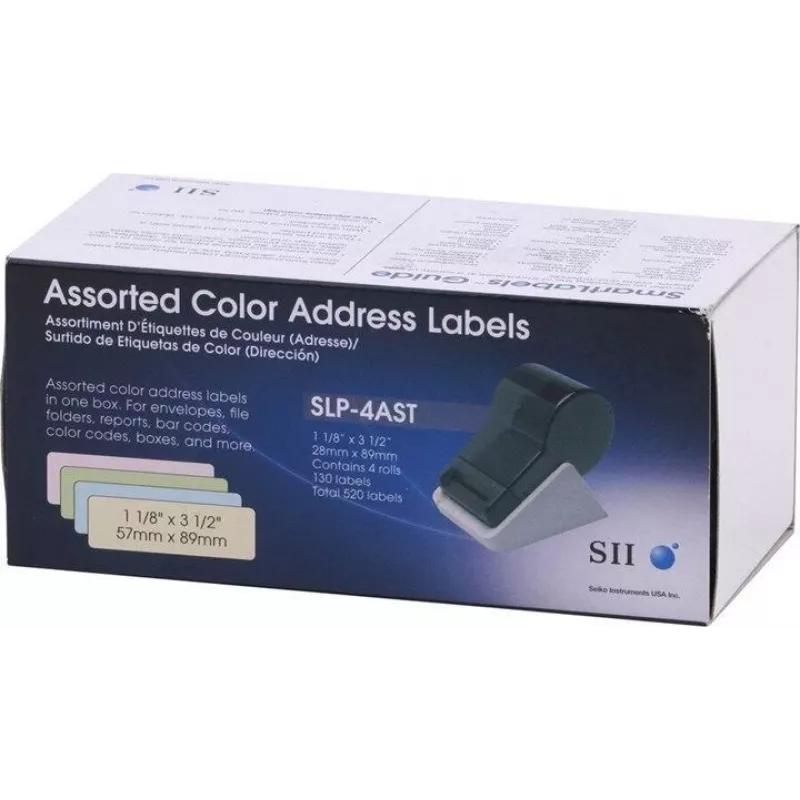 Seiko SLP-4AST Etykiety adresowe w różnych kolorach - 28 x 89 mm, 520 etykiet (4 rolki po 130) do Smart Label Printer 420/425/430/440/450 16.06.2037