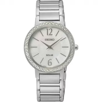 SEIKO SUP467P1 Zegarek damski Solar Quartz 30,5mm Stal nierdzewna Srebrny Perłowa macica Diament
