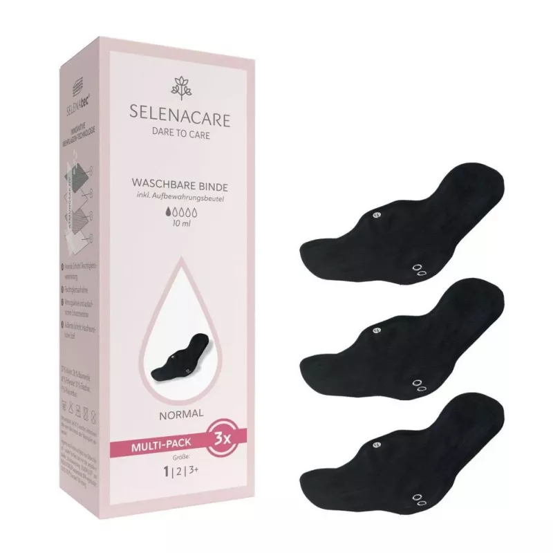 Selenacare Washable Pads (3-Pack) - Wielorazowe podpaski menstruacyjne do normalnego przepływu, miękka tkanina z bambusowego węgla drzewnego, wodoodporny PUL, do prania w pralce, certyfikat Oeko-Tex