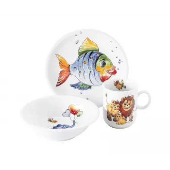 SELTMANN COLORFUL WILDLIFE Zestaw naczyń dla dzieci, 3-częściowy, porcelanowy - talerz, miska, kubek - motywy zwierzęce
