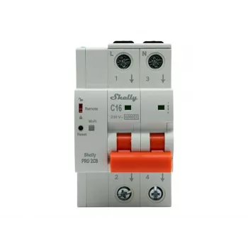 Shelly Pro 2CB C16 Inteligentny Wyłącznik Nadprądowy Miniaturowy, 2-biegunowy, 16A, charakterystyka C, 6kA, Wi-Fi/LAN/Bluetooth, Monitorowanie Energii, Szyna DIN