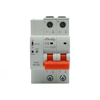 Shelly Pro 2CB C16 Inteligentny Wyłącznik Nadprądowy Miniaturowy, 2-biegunowy, 16A, charakterystyka C, 6kA, Wi-Fi/LAN/Bluetooth, Monitorowanie Energii, Szyna DIN