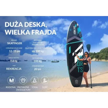 SKATINGER Szara Sportowa Pompowana Deska SUP 350x89x15 cm