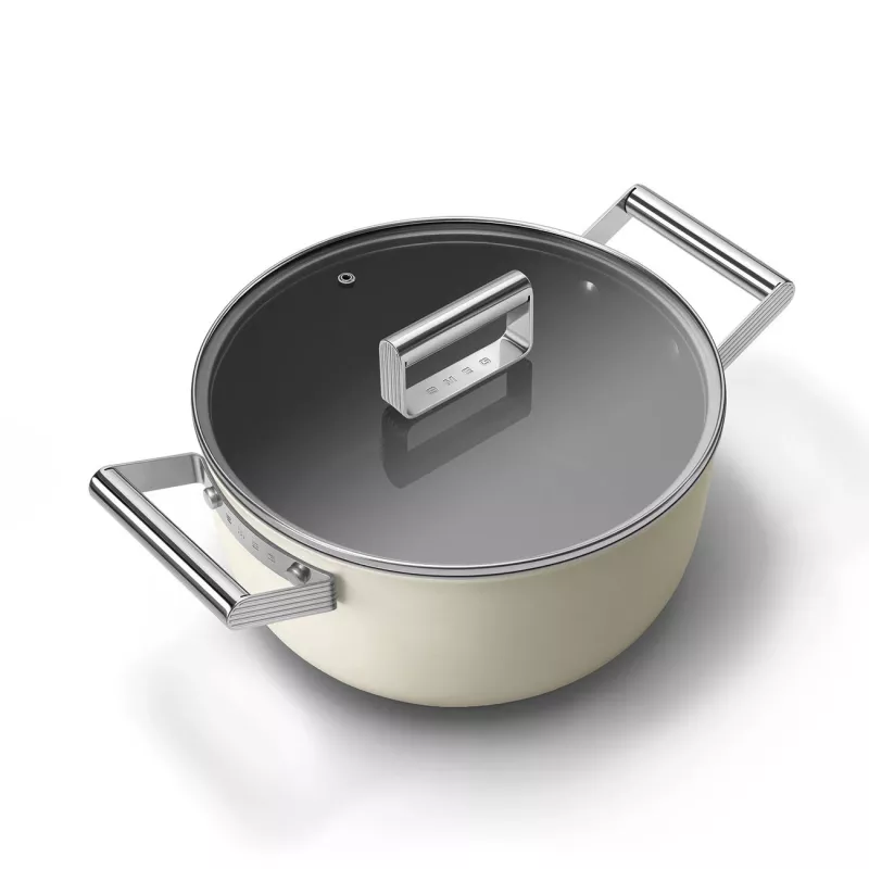 Smeg CSF2412CRM Casserole, 24 cm, Ceramic Non-Stick, Stainless Steel Handle, Matte Cream